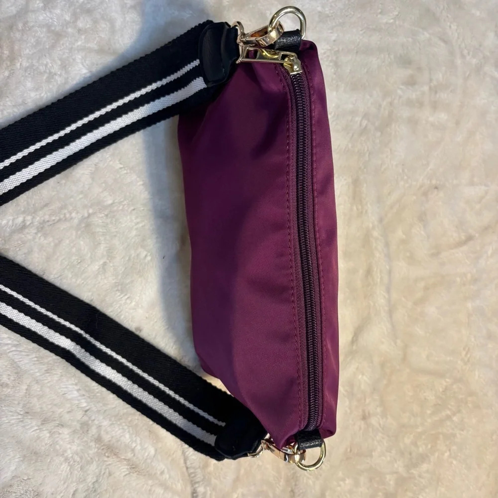 Nylon Crossbody Bag Purple Black White Striped Strap Gold-tone Hardware Zip Top